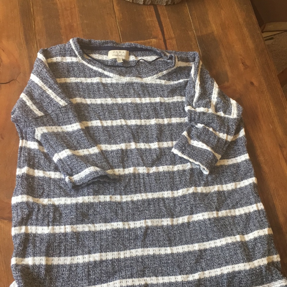 Knit blue/gray and white striped shirt